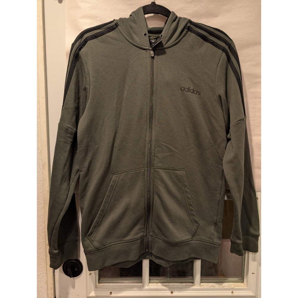 Adidas Full Zip Hoodie Olive Green 3 Stripe Jacket Casual Mens Medium 0180